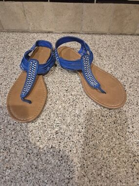 Blue Rhinestone T-Strap Women's Sandals